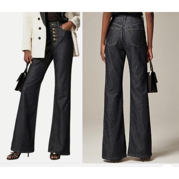 J. Crew High-rise Flare Wide Leg Jean Button fly Dark Wash Stretch Women's 24 - Picture 1 of 13